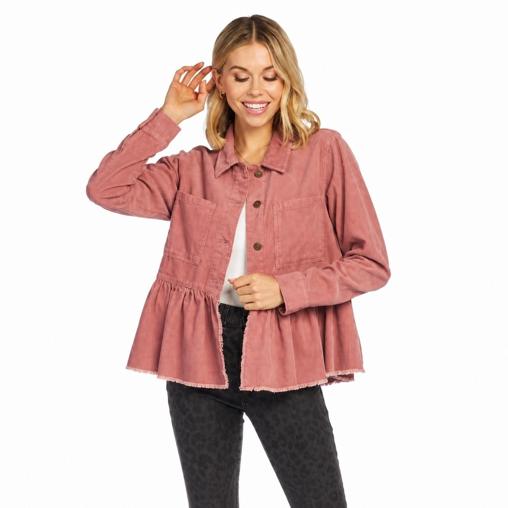 Western Boho Pink Corduroy Peplum Jacket XL Frayed Hem Button Front Shaket